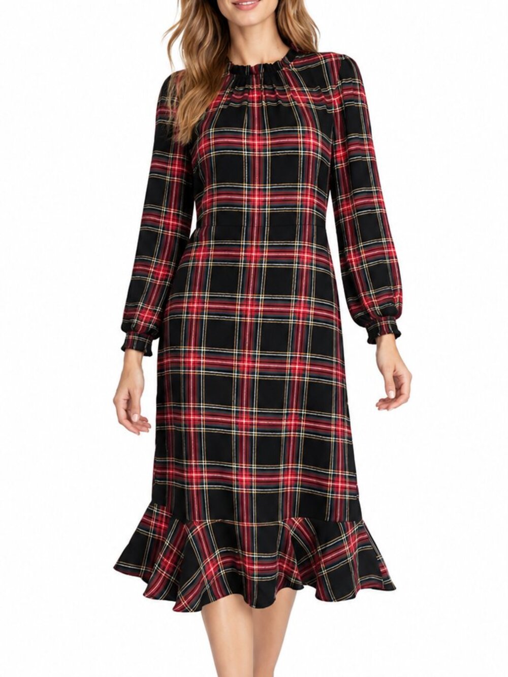 J. Crew Madras Plaid Tartan Peasant Dress Long Sleeve Ruffled Flounce Hemline